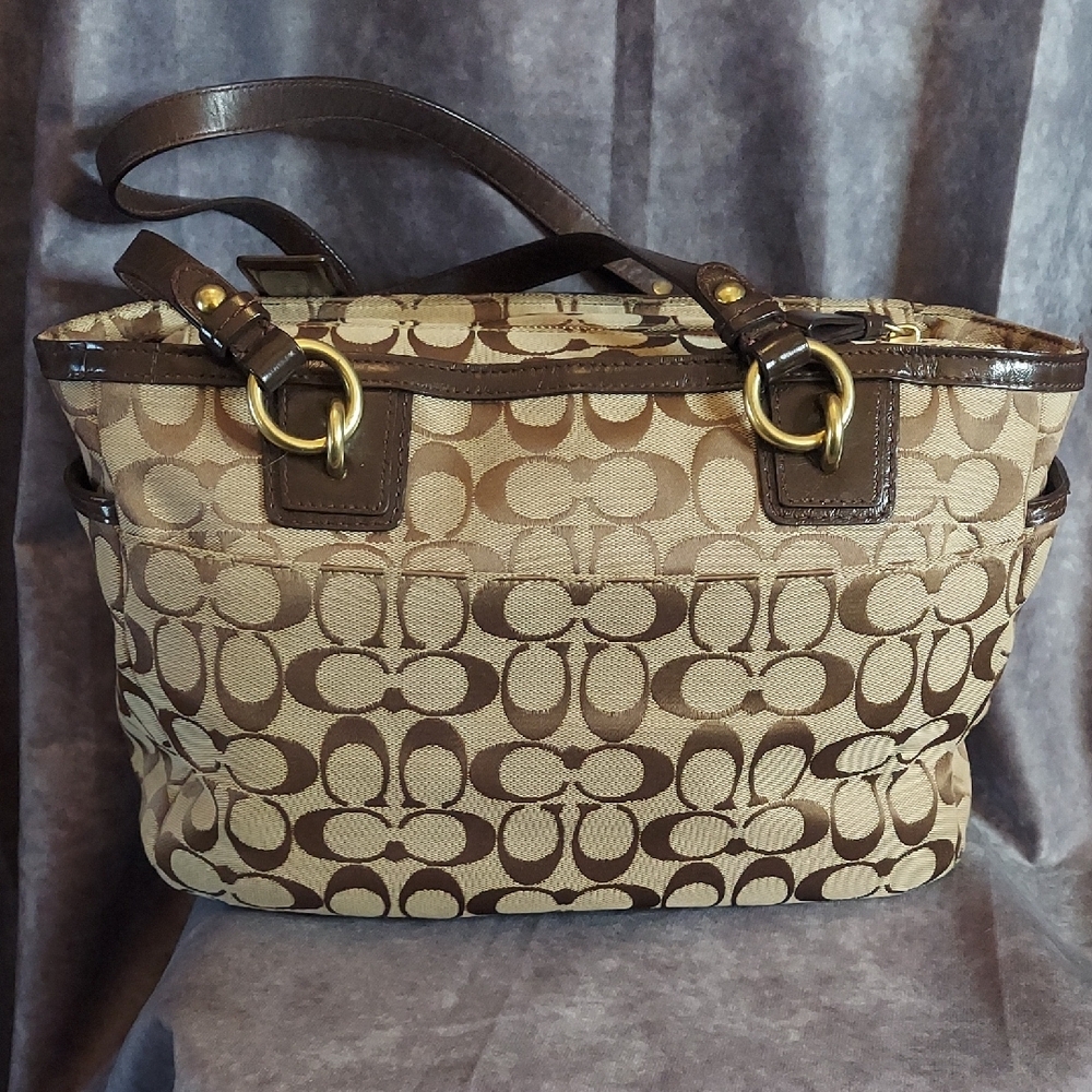 Coach Signature Demi Zip Shoulder Bag Khaki Brown Leather Jacquard Gold #19249 - Picture 2 of 12